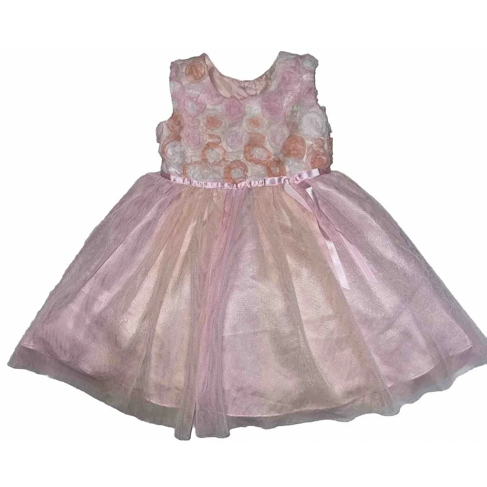 Jona Michelle Toddler girl Bow Lined Tulle Skirt Flower Dress Sz 2 Spring Pink